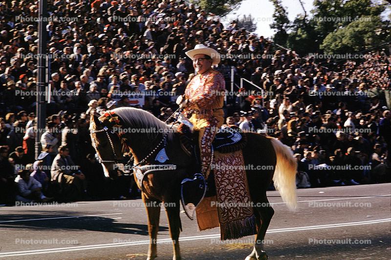 Fat Cowboy, Rider, Rose Parade, backlit tail, horsetail, crowds, January 1961, 1960s
