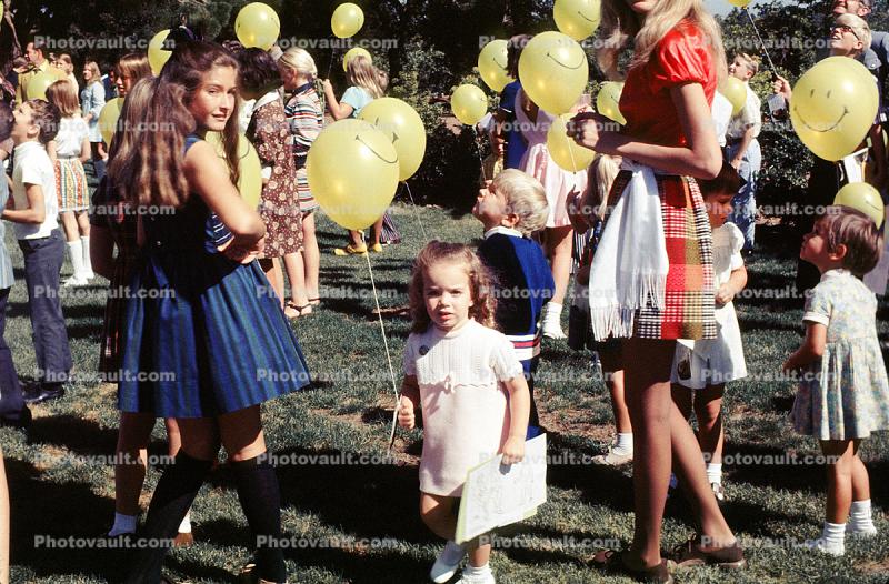 Yellow Smiling Balloons, Girl, Female, Party, 1960s