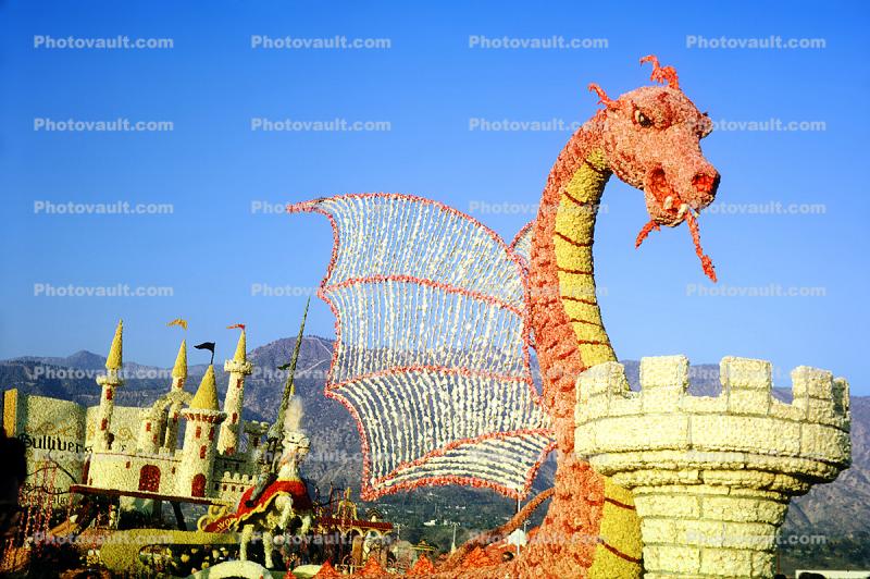 Green Eyed Dragon, Turret, Castle, Wings, float, Rose Parade, 1960s