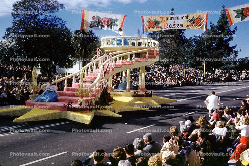 Spiral staircase, steps, stars, Rose Parade, 1960s