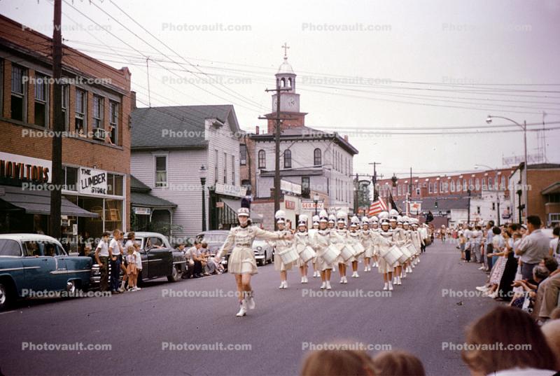 Marching Drum Corps, car, automobile, vehicle, Marching Band, street, road, 1950s