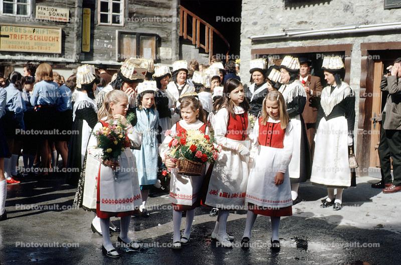 Girls, Uniform, Flowers, Corpus Cristi Day, Zermatt, Switzerland, 1960s