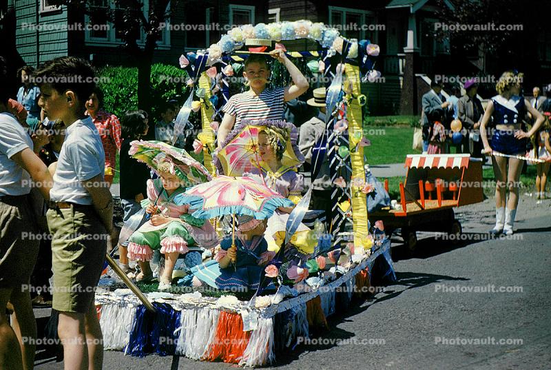 Costume, float, parasol, flowers, 1950s