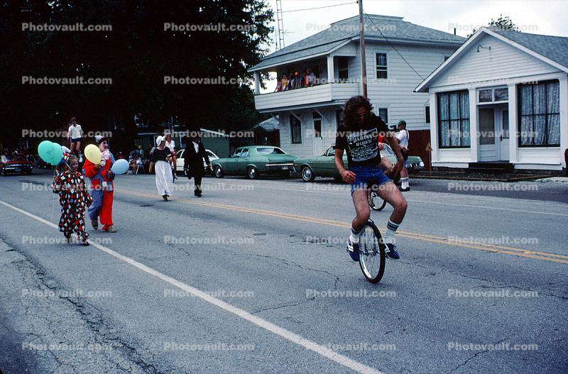 Unicycle, clowns, Sulfer Springs Sesquicentennial Parade, Tiro-Auburn, Ohio, July 1983, 1980s