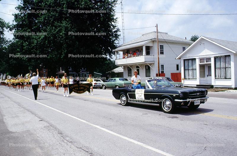 Ford Mustang, car, automobile, vehicle, marching band, Sulfer Springs Sesquicentennial Parade, Tiro-Auburn, Ohio, July 1983, 1980s