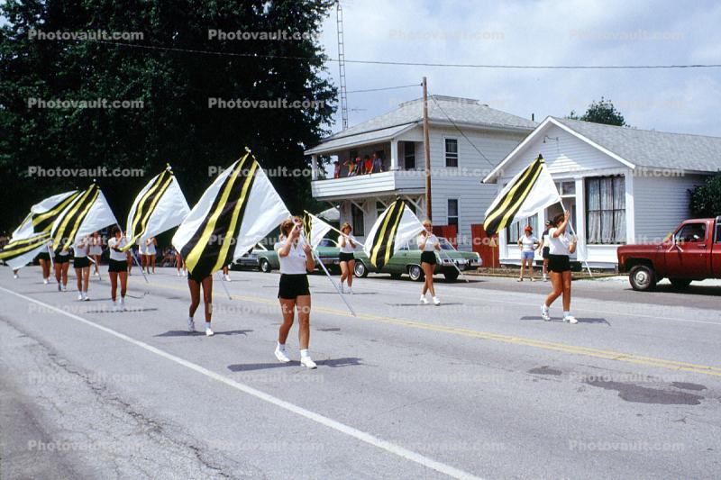Marching Band, girls, shorts, flags, houses, Tiro-Auburn, Ohio, July 1983, 1980s