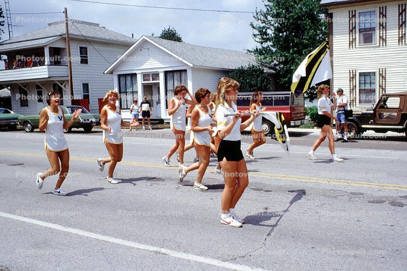 Marching Band, Baton Twirler, girls, shorts, Tiro-Auburn, Ohio, July 1983, 1980s