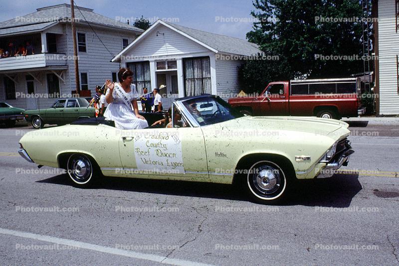 Crawford County Beef Queen Victoria Lyons, Chevy Malibu, Sulfer Springs Sesquicentennial Parade, Tiro-Auburn, Ohio, July 1983, 1980s