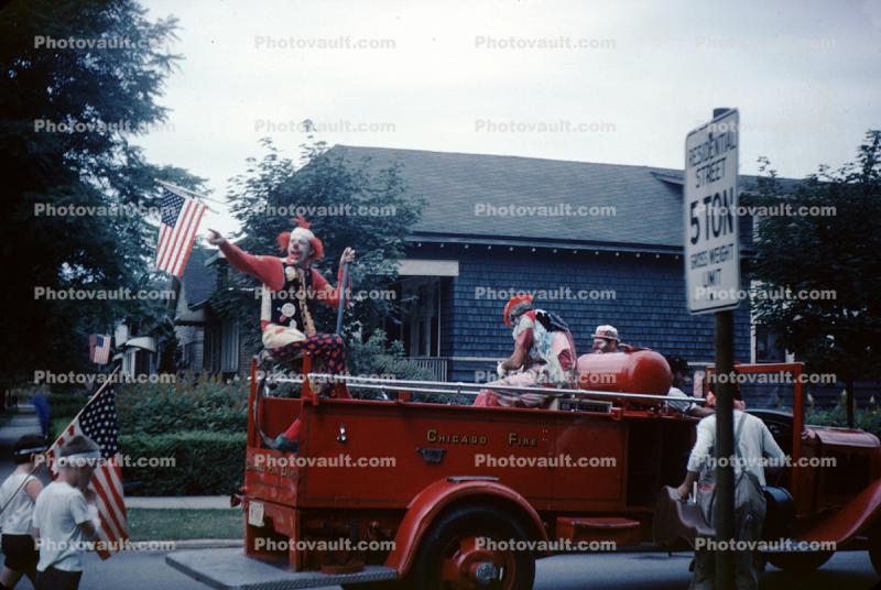 Clown, Firetruck, Chicago, July 4th Parade, 1950s
