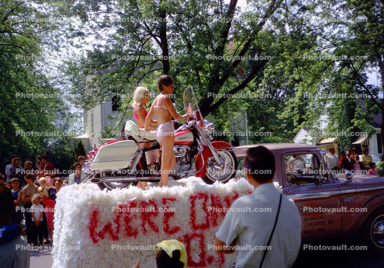 Bikini Ladies on a Motorcycle float, pickup truck, 1960s, Crowds, people