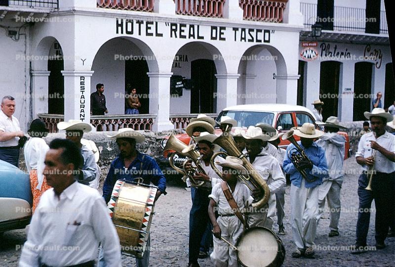 Marching Band, Tuba, Trumpet, building, Hotel Real de Tasco, Mexico, May 1958