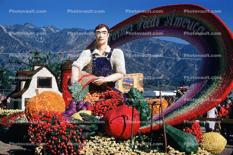 Farmer Feeds America, Man, Cornucopia, Rainbow, Pumpkin, Barn, Cucumber, Lemon, Artichoke, Grapes, Rose Parade, 1975, 1970s