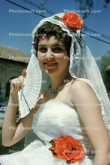 Woman, Rose, Fan, head scarf, face, smiles, San Gabriel Mission, June 1960, 1960s