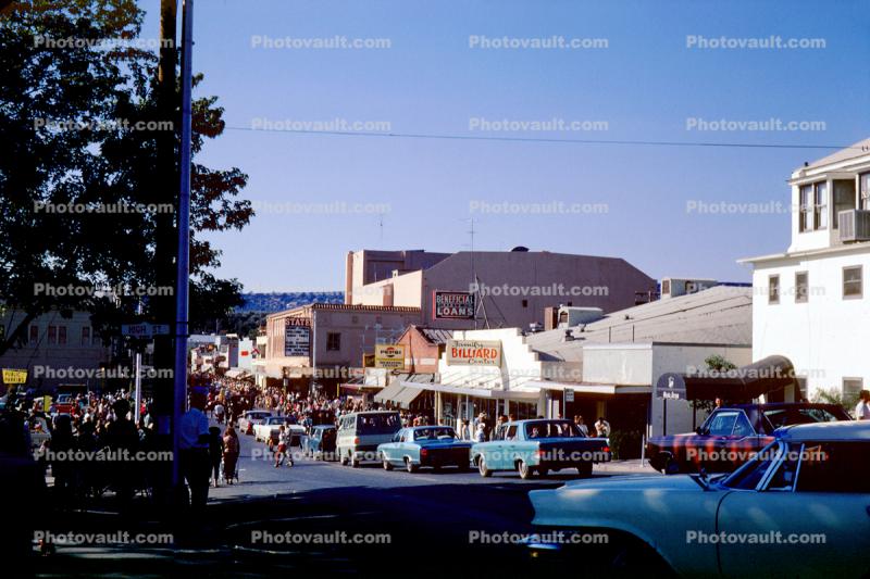 Cars, automobile, downtown, Oroville California, buildings, shops, crowds, 3 June 1967, 1960s