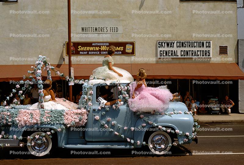 Ford Pickup Truck, Whittemore's Feed, Women, dress, poof balls, August 1958, 1950s