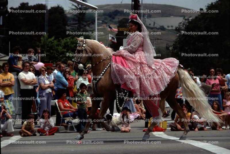 Mexican Costume, woman on horseback, May 1977, 1970s