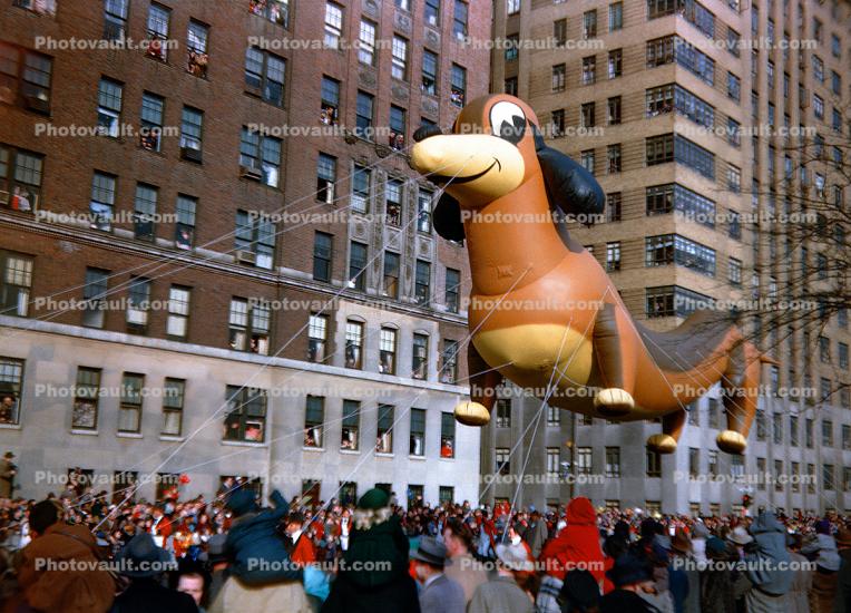 Frieda the Dachshund, Helium Balloon, Float, People, Crowds, Macy's Thanksgiving Day Parade, 1949
