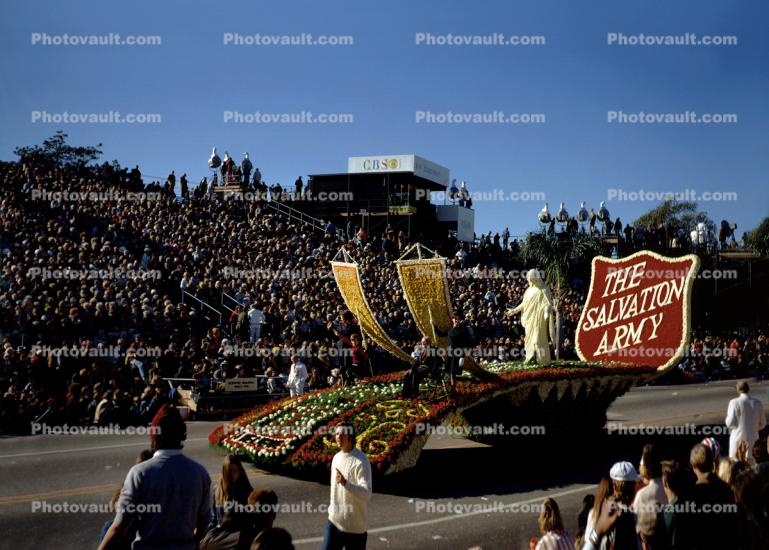 The Salvation Army float, Christ, crowds, audience, 1950s, people