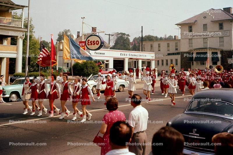 Bernard's Inn, Esso Gas Station, Marching Band, Memorial Day Parade, Bernardsville, 1950s