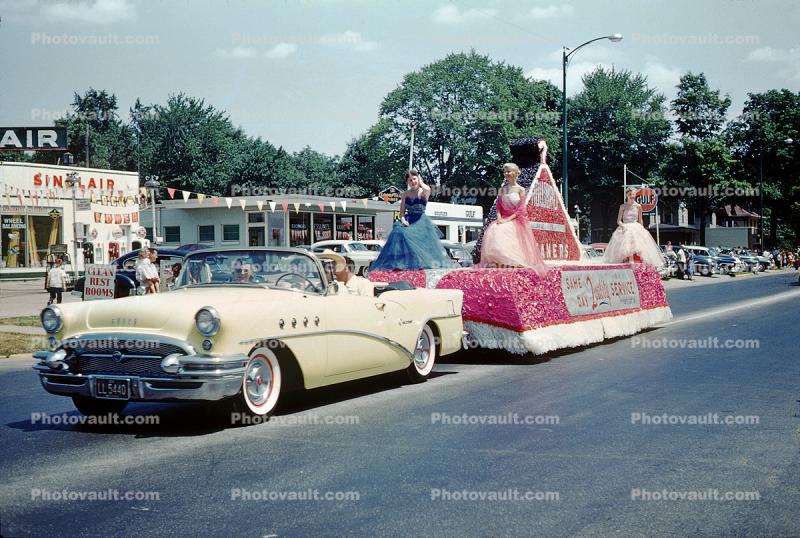 Howard Cleaners Float, 1955 Buick Special, Sinclair Gas Station, car, Pine Lake, 1950s