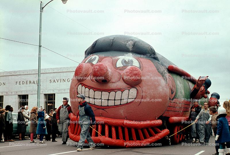 Giant Steam Engine Face Balloon, Marion Federal Savings & Loan, Cleveland Christmas Parade, 1950s