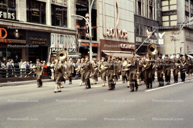 Marching Army Band, Men, buildings, April 1959, 1950s