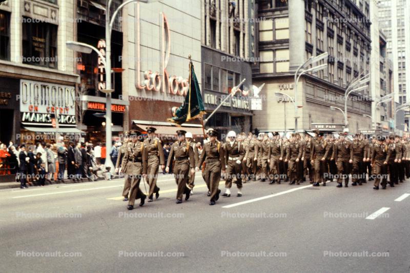 Marching Army Band, Men, buildings, April 1959, 1950s