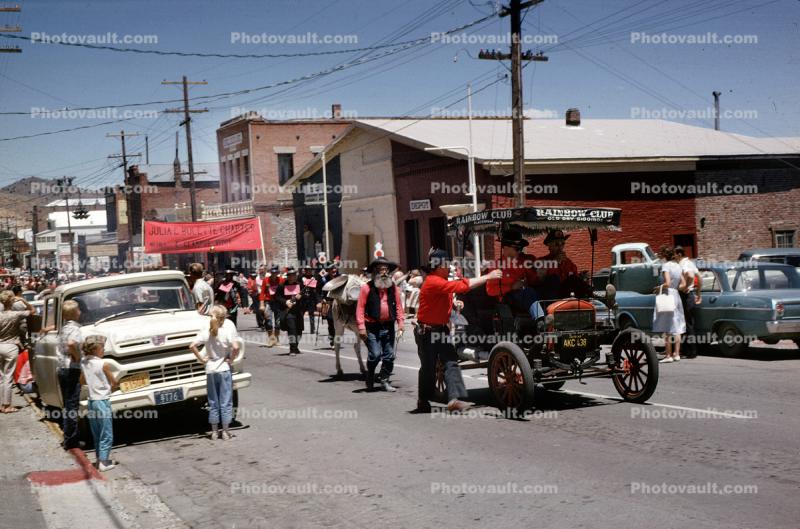 Rainbow Club, 49'r Gold Miner, Virginia City Parade, street, cars, 1960s
