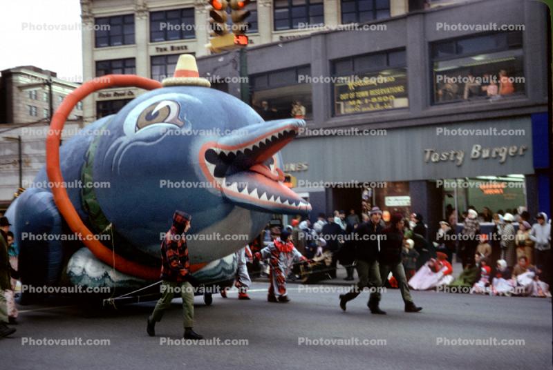 Happy Dolphin with hat, Teeth, Cute, Cleveland Christmas Parade, 1950s