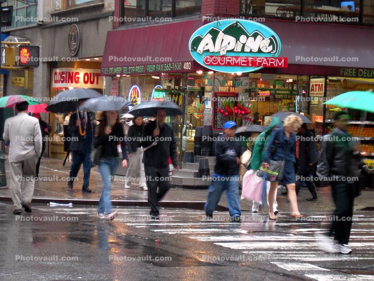 Alpine Gourmet Farm, Sidewalk, Crosswalk, Rain, Umbrellas, Corner Market, springtime