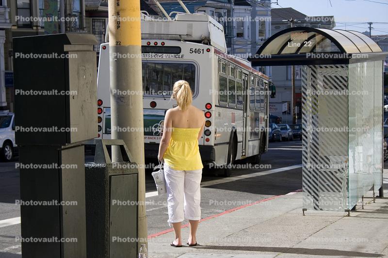 Bus Stop, Woman, Fillmore Street, Line-22, Union Street Shopping District