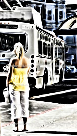 Woman Awaits the Bus, Bus Stop, drawing