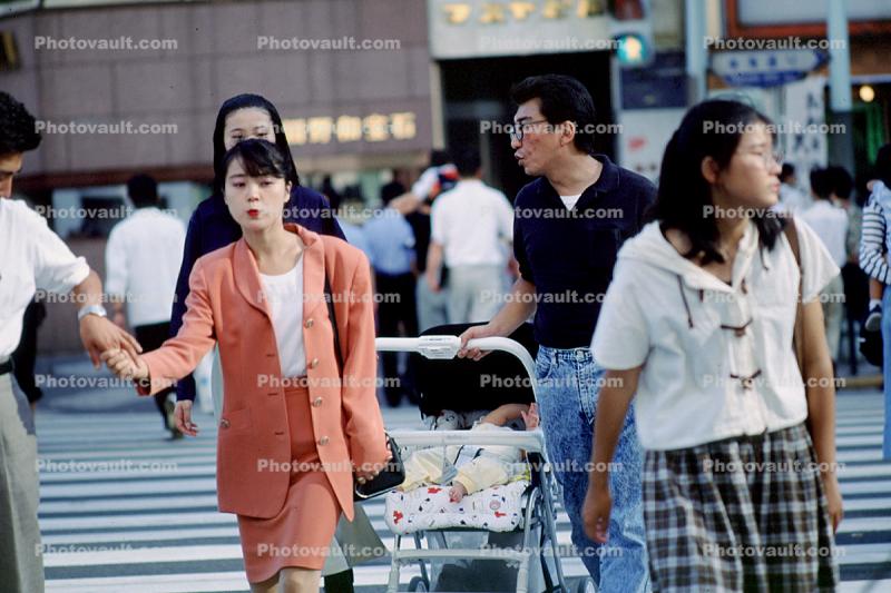 Crosswalk, pram, pushcart, infant, baby, Ginza District, Tokyo