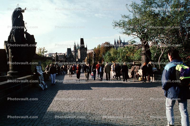 Statues, People Walking, Saint Charles Bridge, Prague