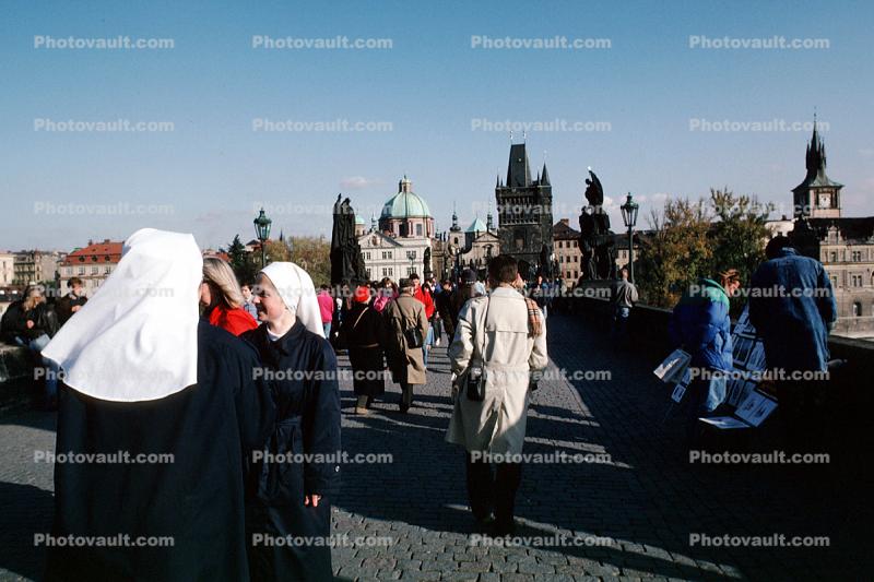 Nuns, Crowds of People Walking, Saint Charles Bridge, Prague