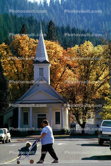 Church, Steeple, stroller, mother, child, Quincy, Plumas County