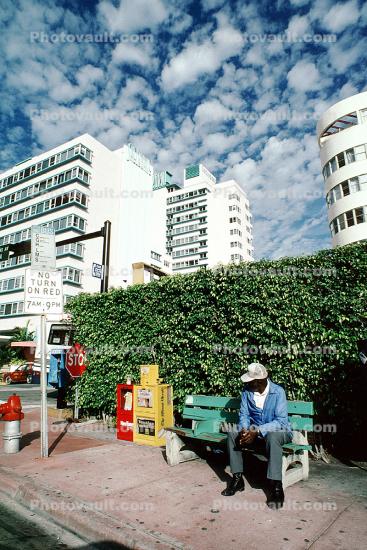 Man Sitting at a bus stop, buildings, ivy fence, Newspaper Stand, Miami Beach