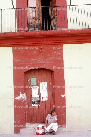 Woman Sitting, Door, Balcony, Building, El Tule, Oaxaca, Mexico