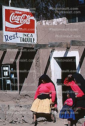 coca cola, coke, sign, Coca-Cola, Women, Adobe, Inca, Sign, Isla Taquile, Lake Titicaca, peru