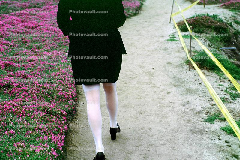 woman, walking, stockings, path, skirt