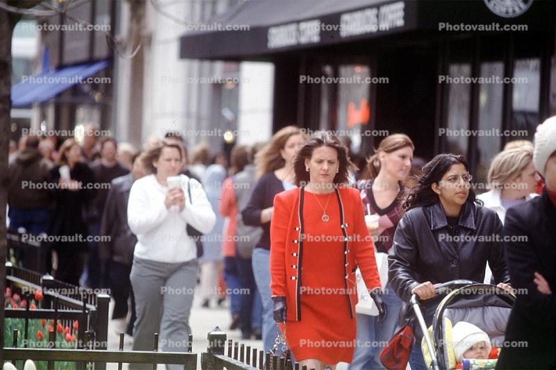 Lady in a Red Dress, crowded, sidewalk