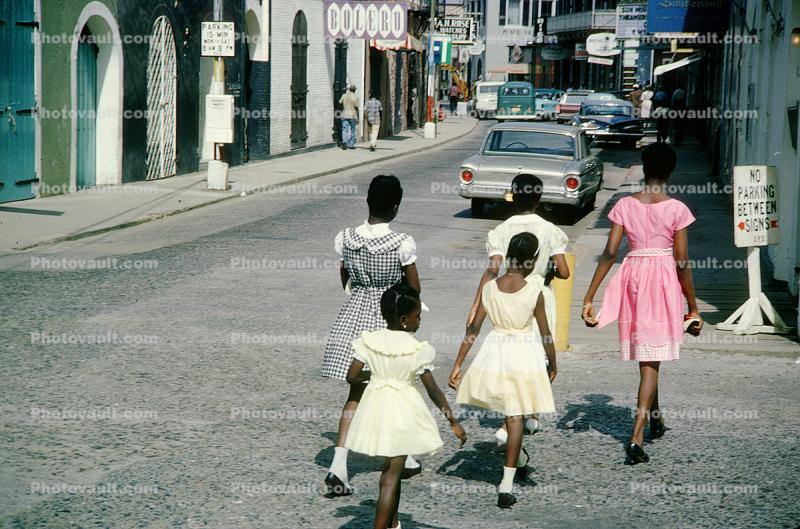 Girls crossing the Street, dress, walking, dresses, formal dress, Ford Falcon, Cars, Automobile, Vehicles, May 1965, 1960s