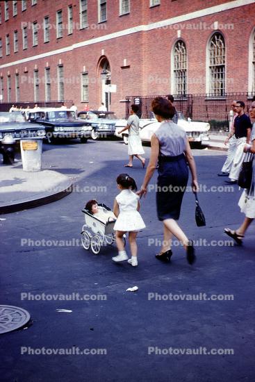 Girl, Woman, Baby Carriage, street, purse, walking, Cars, Automobile, Vehicles, August 1961, 1960s