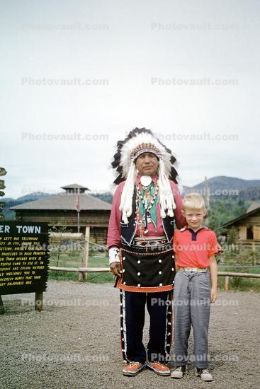 Indian, Boy, Male, Man, Frontier Town, warbonnet, Adirondack Mountains, 1954, 1950s