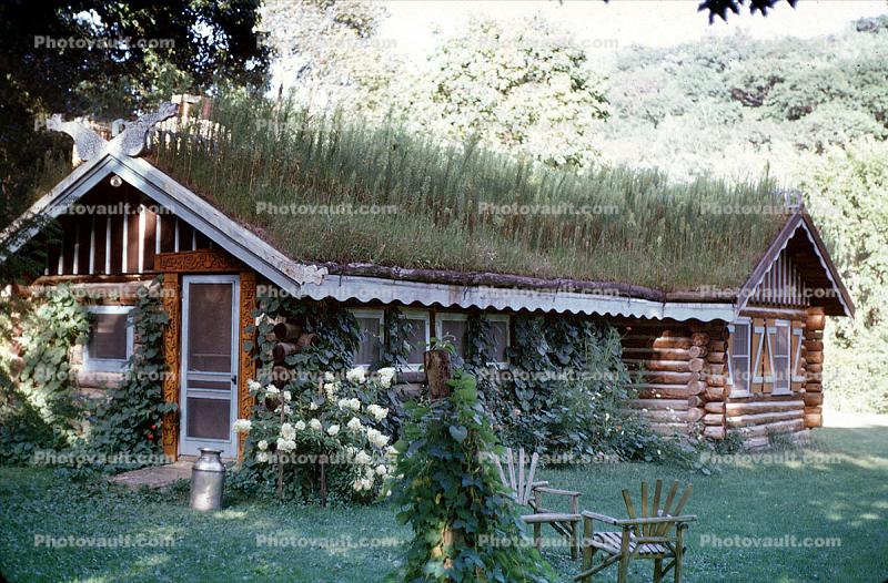 Log Cabin, Sod House, Roof, Unique, Fort Dells, August 1968, 1960s