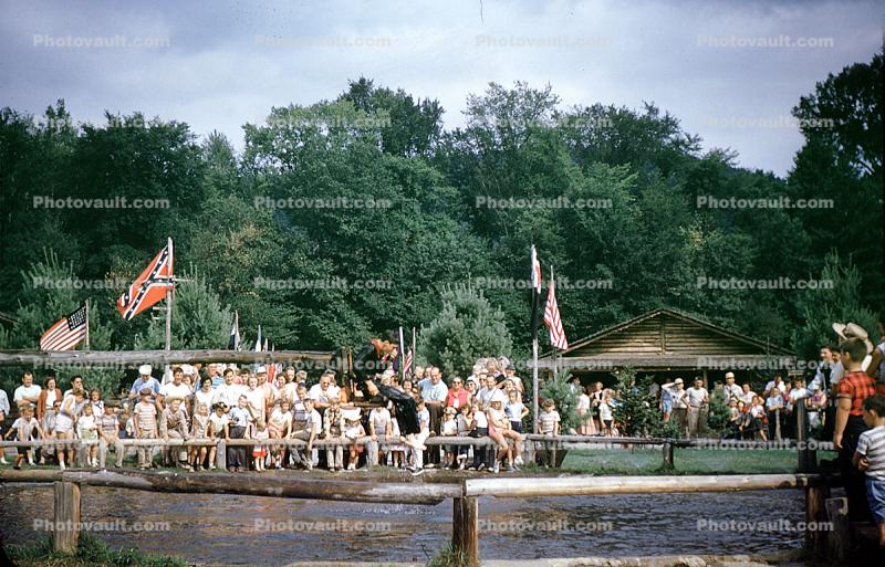 Civil War, Battle, log cabin, flags, trees, confederate battle flag, Storyland Village, Asbury Park, 1950s, Frontiertown