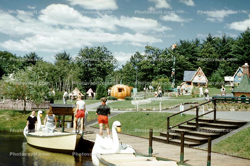 Boats, Swan, docks, pumpkin, buildings, stairs, steps, clouds, trees, Storytown, Lake George, New York, 1957, 1950s