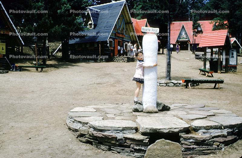 The Pole, Santas Workshop, Buildings, girl, fountain, pedestal, Elaine, North Pole, Adirondack Mountains, 1953, 1950s