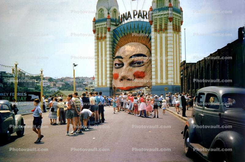 Luna Park, People, children, Cars, Automobile, Vehicle, Sydney Australia, December 1956, 1950s