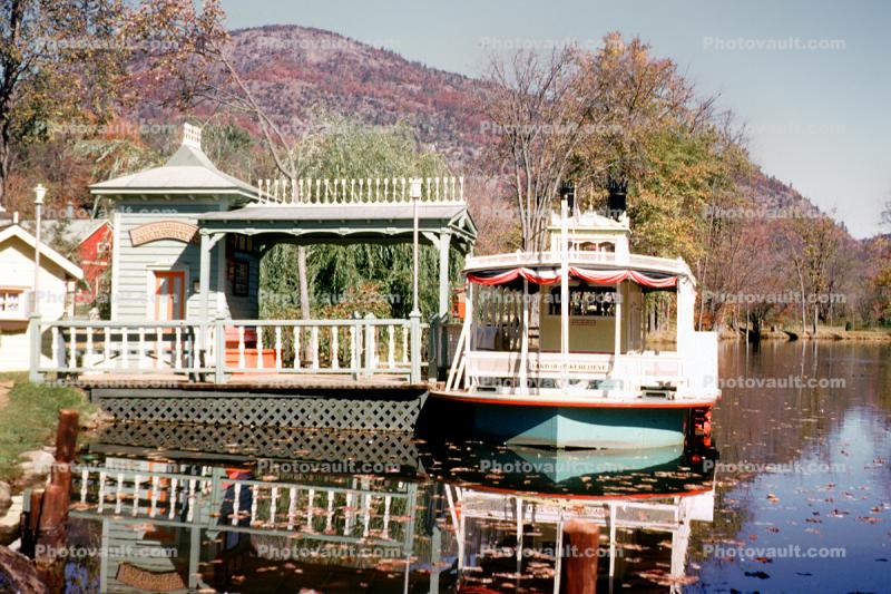 Sidewheel Paddle Riverboat, Dock, River, Fall Colors, autumn, Land of Make Believe Park, Hope Township, October 1964, 1960s